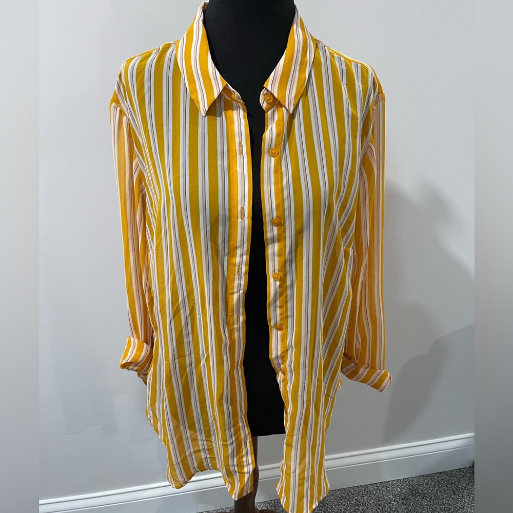 Yellow striped sheer button down